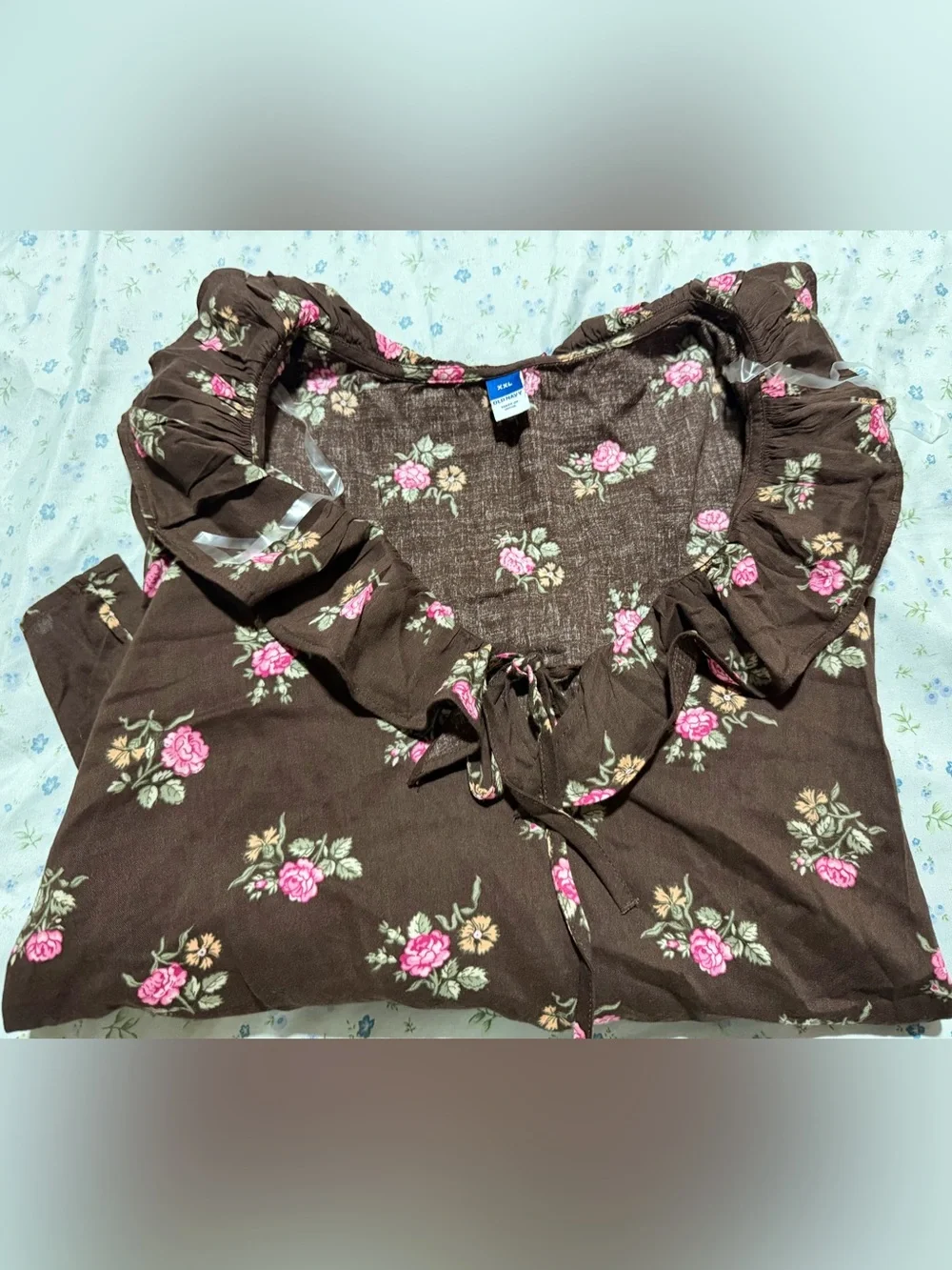Old Navy Brown Floral Ruffle-Smock Blouse with Pink Rose Print